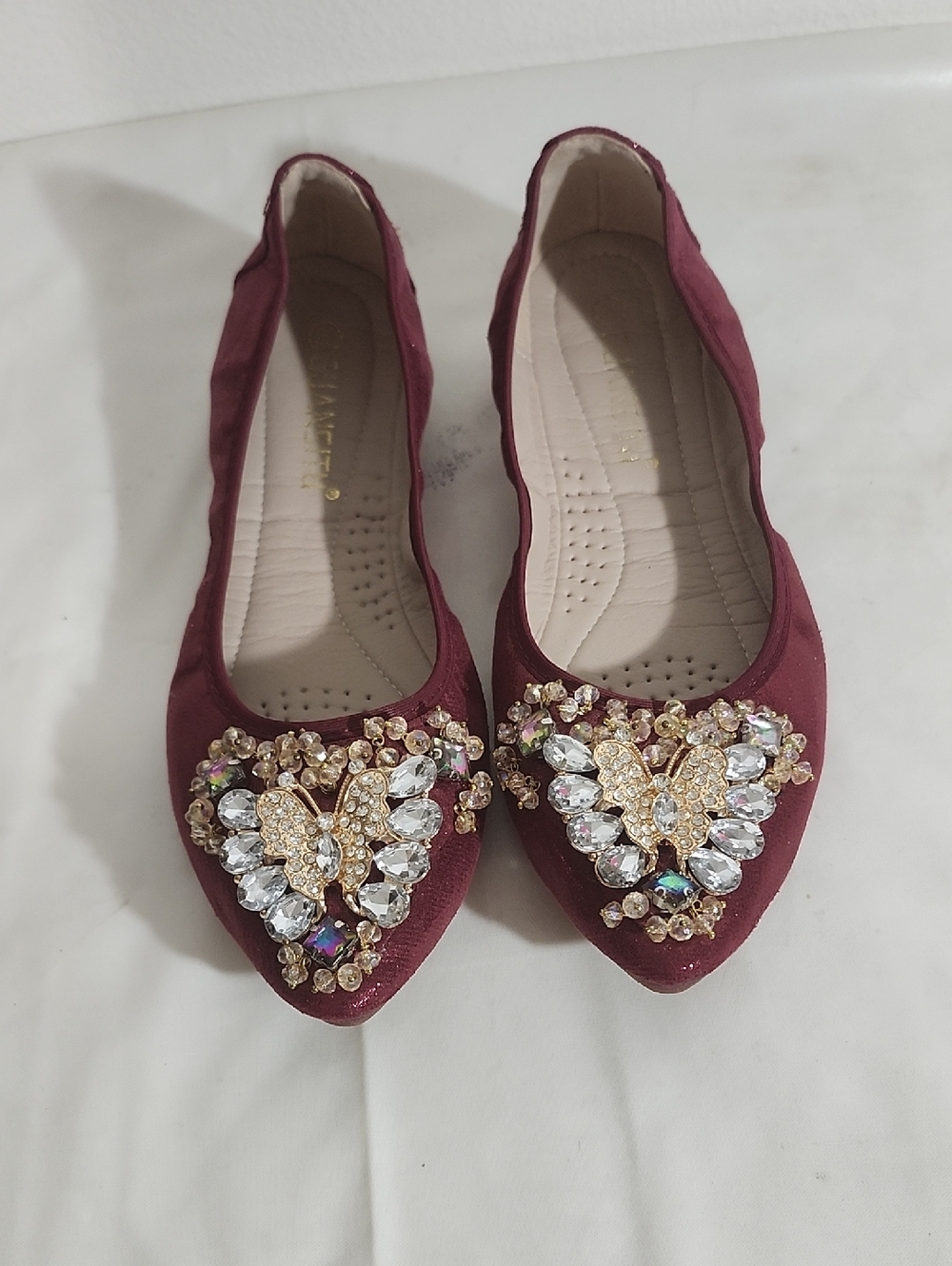 Embellished Burgundy Women's Pointed Ballet Style Flats